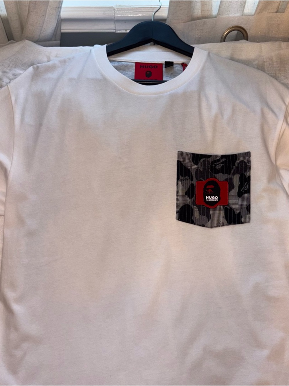HugoxBape White Crewneck T-Shirt with Patterned Pocket